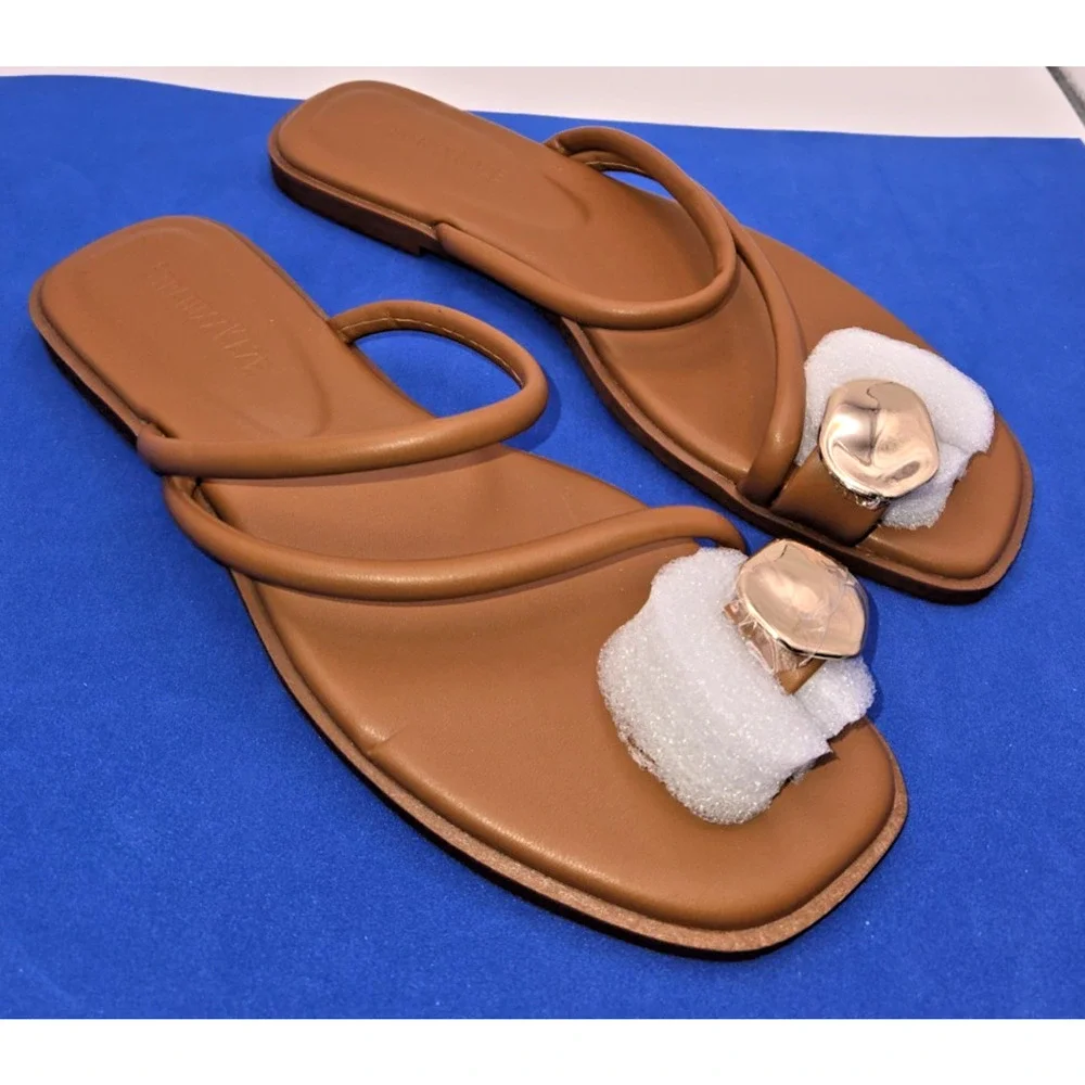 Womens Brown Slide Sandals Size 7 Gold Accent Flat Slip On NEW No Box